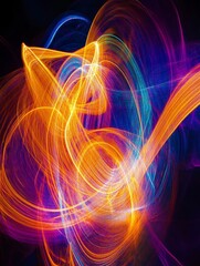 Wall Mural - An abstract digital artwork featuring swirling neon lights in vibrant colors of orange, blue, and purple against a black background. This artwork represents energy, movement, and the interplay of ligh