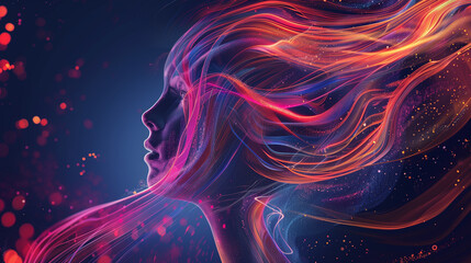 Abstract digital art of a woman's silhouette with vibrant flowing light trails on a dark background