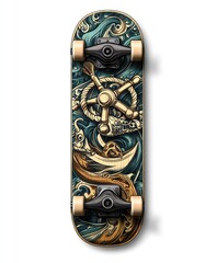 Wall Mural - A skateboard design featuring intricate nautical-themed artwork with waves and a ship's wheel.