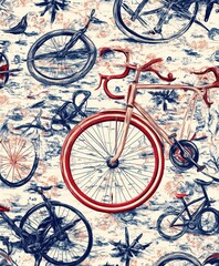 Poster - A decorative pattern featuring various bicycles in a stylized design.