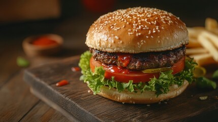 Delicious burger in cozy cafe. Burger background