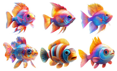 Colorful tropical fish set in various angles isolated on transparent background