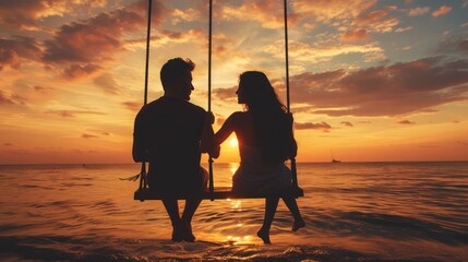 Wall Mural - Silhouette of a Couple on a Swing at Sunset