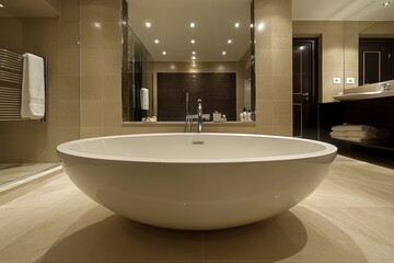 A luxurious bathroom with a freestanding bathtub , ai