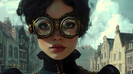 A portrait of an attractive steampunk style woman in the town. created with generative ai, no one recognisable. not a real person. Steampunk. Illustration