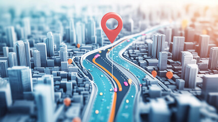 Wall Mural - Cityscape with GPS Pin and Winding Road