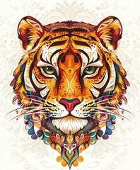 Canvas Print - A vibrant, artistic representation of a tiger's face with intricate patterns and colors.