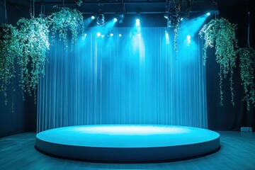 Wall Mural - Studio stage lighting pastel blue tone color for product display showcase demonstration decoration. Abstract spot light glowing flaring photo studio setup stage backdrop , ai