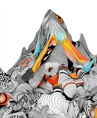 Sticker - Abstract mountain landscape with colorful patterns and intricate designs.