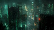 © Thiago - 3d render of science fiction chip neon cyberpunk city night panorama 3d illustration of dark futuristic sci-fi city lit with blight neon lights. Cyberpunk. Illustration