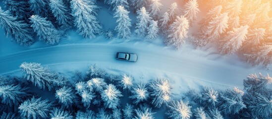 Poster - Snowy Forest Road with Car