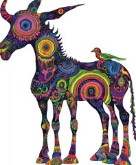 Poster - A colorful, artistic representation of a unicorn with a bird perched on it.