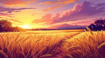 Wall Mural - Golden Wheat Field at Sunset with Distant Mountains