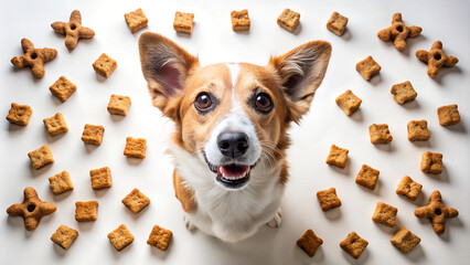 A cute dog looks at the camera, with dog food around it. This is an advertising image.