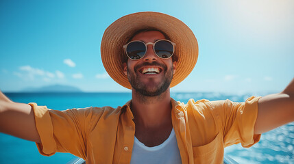 Sun-Kissed Selfie: A young man in a straw hat and sunglasses beams with joy as he takes a selfie against the backdrop of a stunning blue ocean, capturing the essence of summer vacation and carefree ha