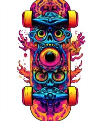 Sticker - A vibrant skateboard design featuring colorful skulls and flames.