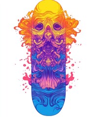 Poster - A vibrant skateboard deck design featuring abstract art with a surreal face.