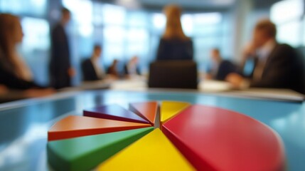 Aufkleber - Colorful pie chart in the foreground with blurred business meeting in the background