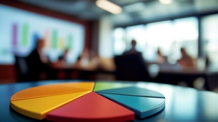 Aufkleber - Colorful pie chart in the foreground with blurred business meeting in the background