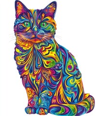 Wall Mural - A colorful, abstract depiction of a cat with vibrant patterns and bright green eyes.