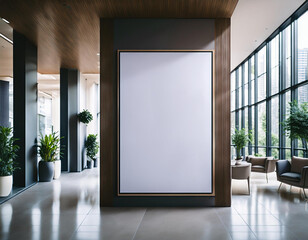 Modern concrete gallery interior with empty white mock up billboard and decorative plant. Exhibition 