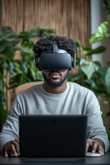 a person using a vr headset while working on a laptop surrounded by plants.