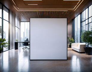 Modern concrete gallery interior with empty white mock up billboard and decorative plant. Exhibition 