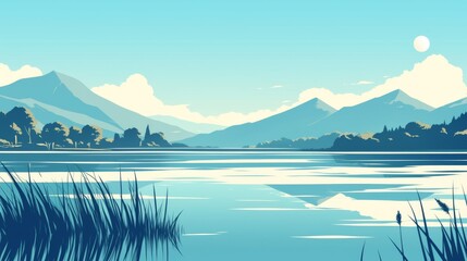 a Lake with Grasses and Mountains in Light Green and Blue Tones