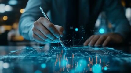 Poster - Financial analyst with a digital pen drawing on a holographic graph projection