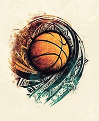 A stylized basketball graphic featuring vibrant colors and dynamic design elements.