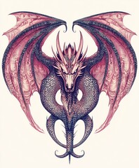 Canvas Print - A detailed illustration of a dragon with intricate scales and large wings.