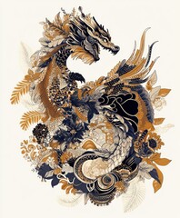 Canvas Print - A stylized dragon entwined with floral elements, showcasing intricate design and vibrant colors.