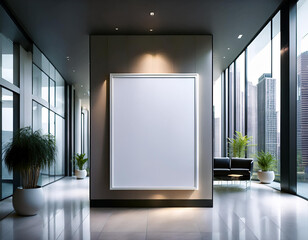 Modern concrete gallery interior with empty white mock up billboard and decorative plant. Exhibition 