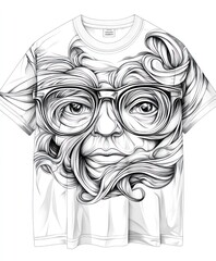 Wall Mural - A graphic t-shirt featuring a stylized face with glasses and flowing hair design.