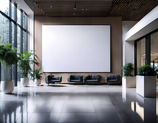 Modern concrete gallery interior with empty white mock up billboard and decorative plant. Exhibition 