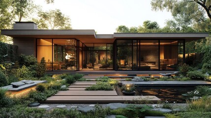 Modern house with glass walls surrounded by a serene garden.