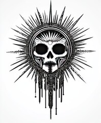 Sticker - A stylized skull surrounded by sharp rays and intricate patterns, conveying a bold graphic design.