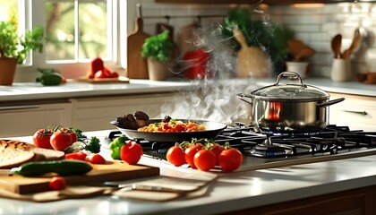 in the warm kitchen environment, delicious food is being cooked on the stove and exudes an attractiv