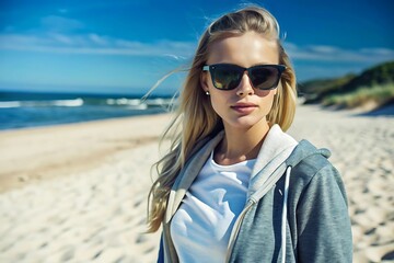 Wall Mural - Young Woman On The Beach Wearing Sunglasses.