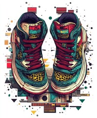 Wall Mural - A vibrant illustration of stylish sneakers with bold patterns and colors.