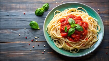 Spaghetti with tomato sauce and fresh basil leaves on a plate, spaghetti, tomato sauce, basil, Italian cuisine