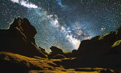 Wall Mural - Bright Milky Way galaxy shining above rugged rock formations at night