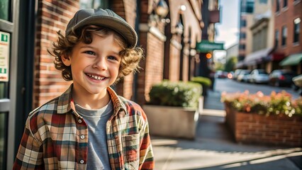 Wall Mural - Happy boy smiling in a city street.