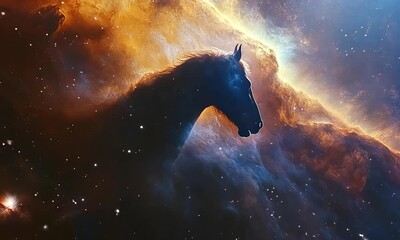 Wall Mural - Silhouette of the Horsehead Nebula within vibrant interstellar clouds