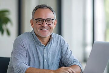 Happy middle aged professional business man, older executive ceo manager, smiling mature entrepreneur wearing glasses and shirt sitting at office desk working on laptop computer. Copy space, ai