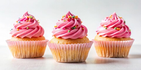 Wall Mural - Cupcakes with pink icing and sprinkles on a white background, cupcakes, icing, sprinkles, dessert, sweet, bakery