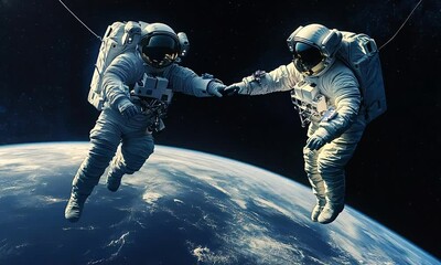 Wall Mural - two astronauts hold hands while floating above earth in the vastness of space
