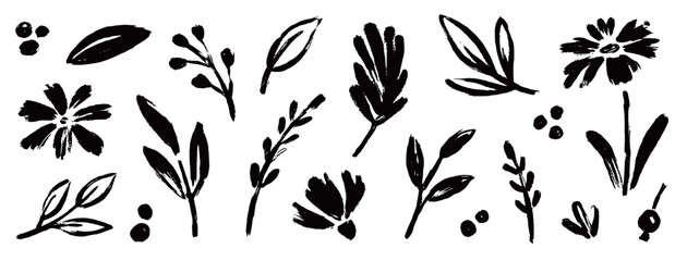 Aufkleber - Flower abstract hand drawn brush ink stroke. Sketch hand drawn silhouette floral plant, nature graphic leaf, floral grunge abstract brush. Vector simple flower, leaf ink stroke. Vector illustration