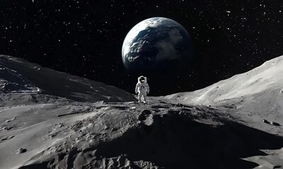 Wall Mural - An astronaut stands on the moon’s surface with Earth visible in the distance.