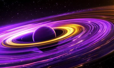Wall Mural - A vibrant purple and yellow planet surrounded by luminous rings in deep space.